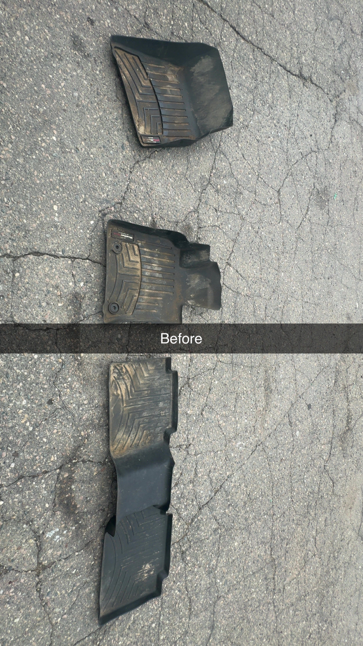 Dirty, muddy WeatherTech floor mats before cleaning